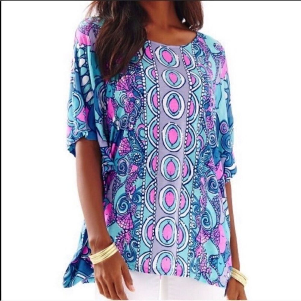 Lilly Pulitzer Cooper Caftan Top Blouse Tunic Sea Jewels XS/XXS Loose Fit 14093